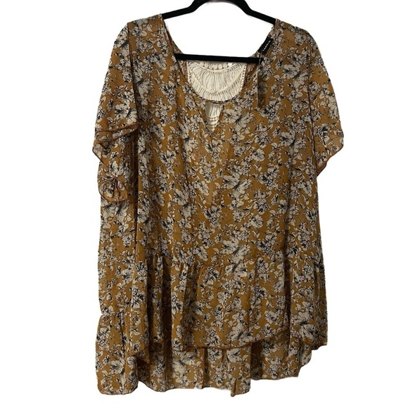 torrid Tops - NWT Torrid Mustard Floral Tunic Top flutter sleeve Lace detail Plus Size 3x boho